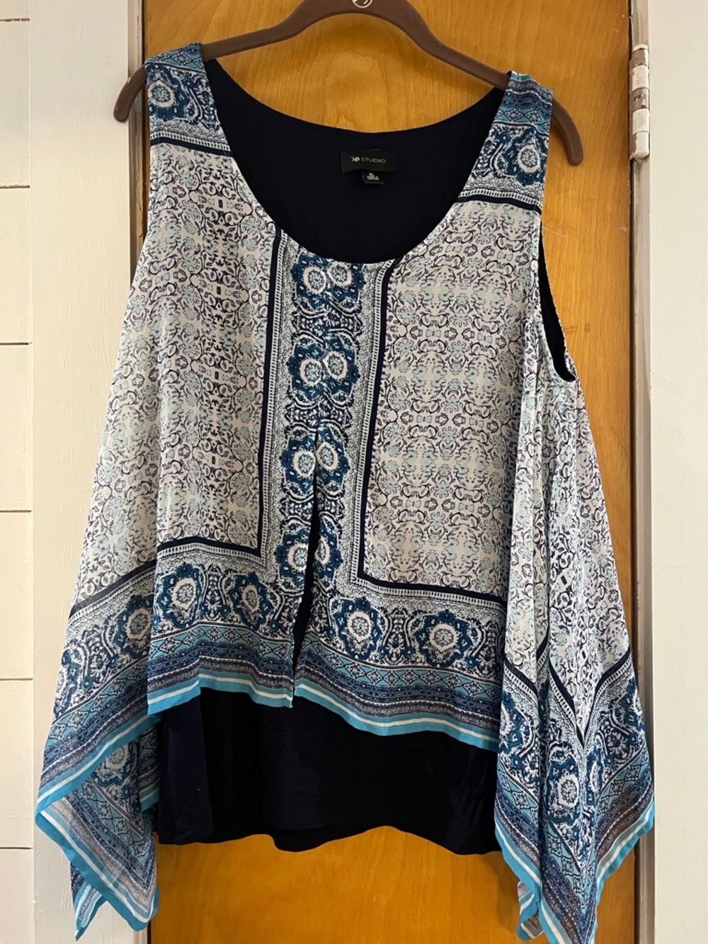 AB Studio Blue and White Patterned Handkerchief Hem Tank